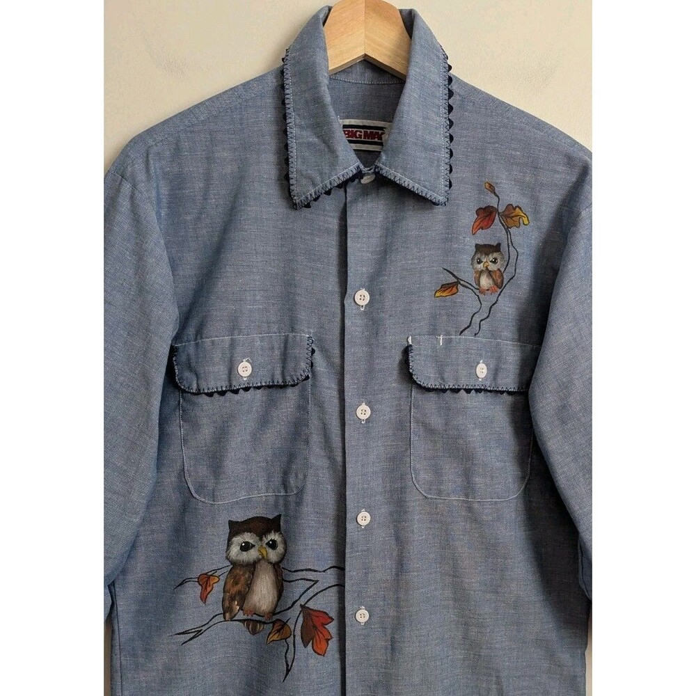 Vtg BIG MAC Chambray Shirt Upcycled Womens Handpainted OWLS Hippy Boho OOAK USA
